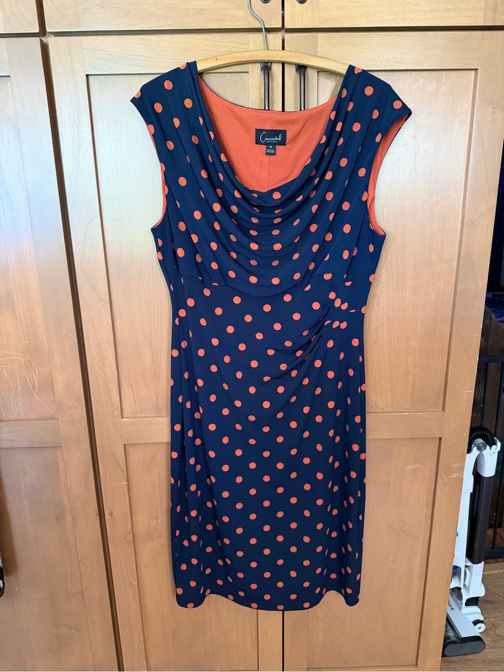 connected apparel Navy Dress with Orange Polka Dots